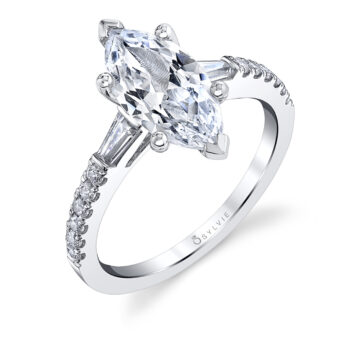 marquise engagement ring with baguettes in white gold