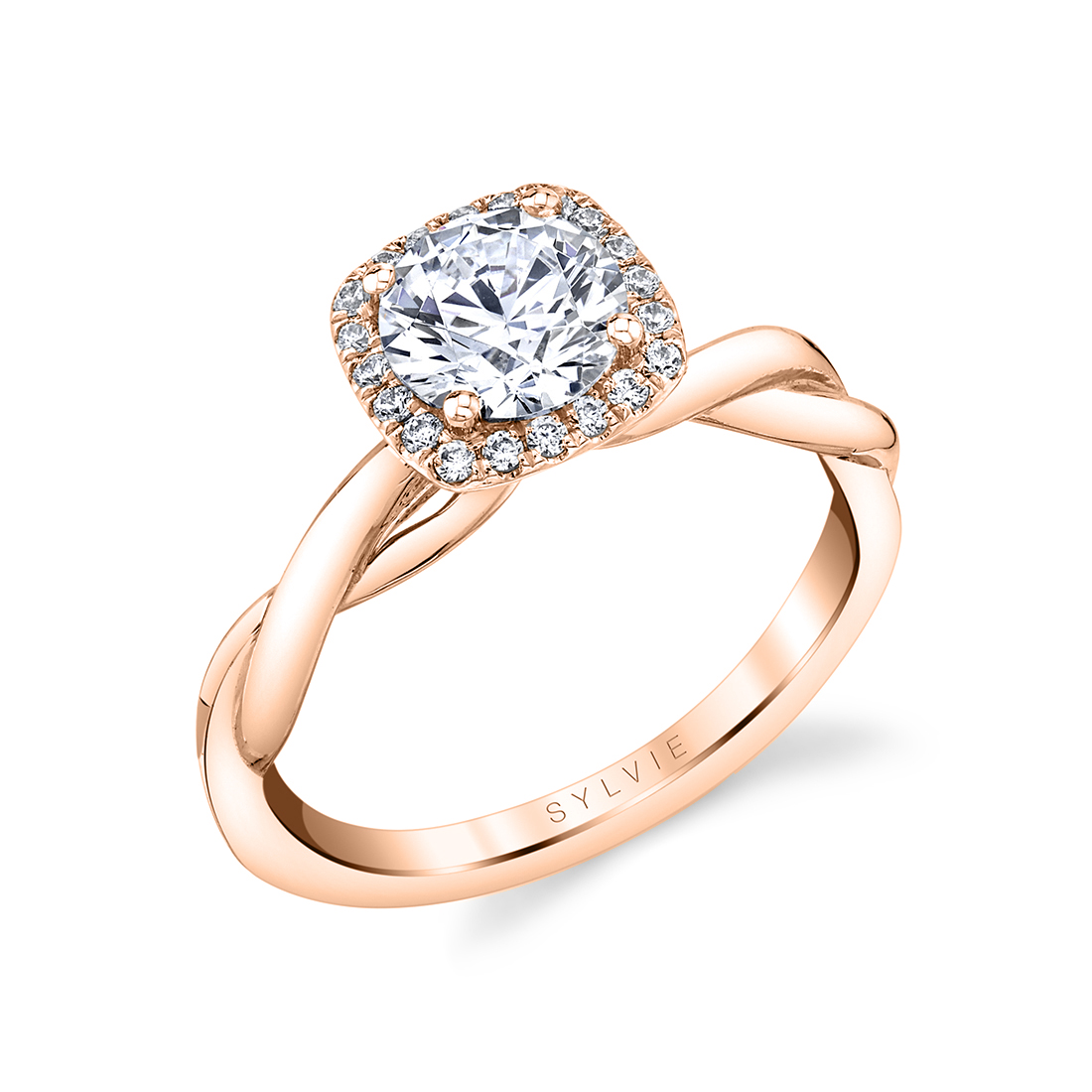 cushion halo engagement ring with spiral band in rose gold