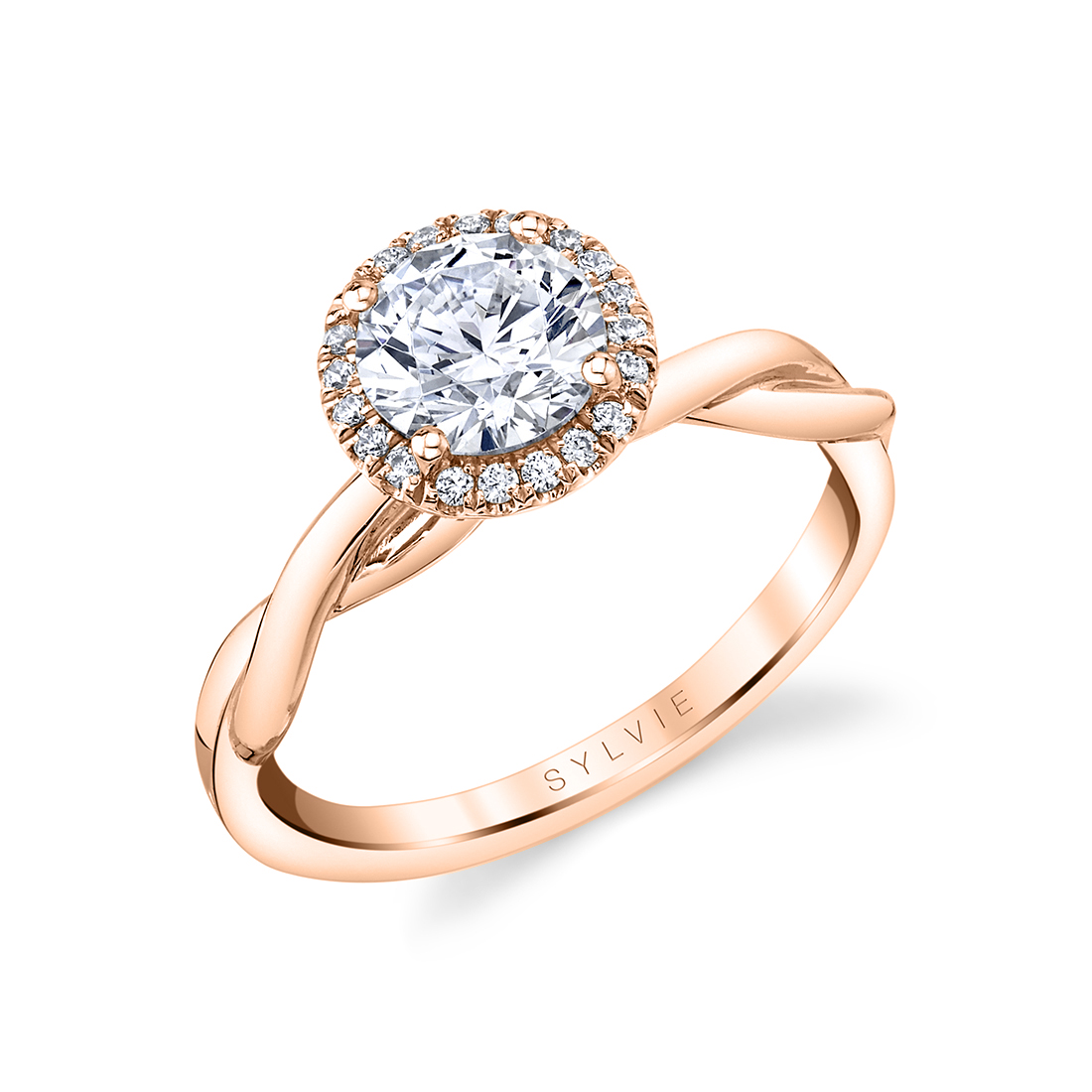 halo engagement ring with spiral band in rose gold