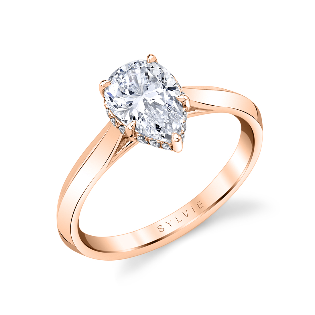 pear shaped hidden halo engagement ring in rose gold