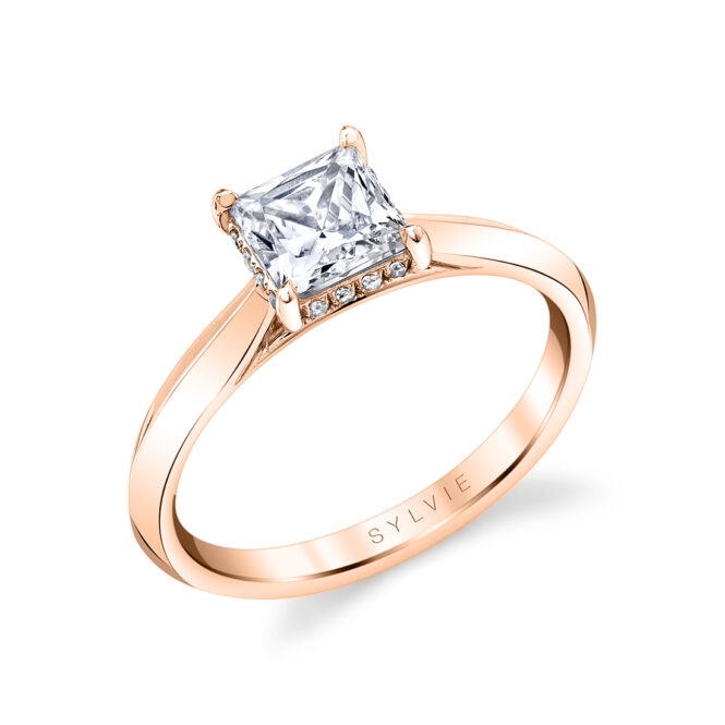 princess cut hidden halo engagement ring in rose gold