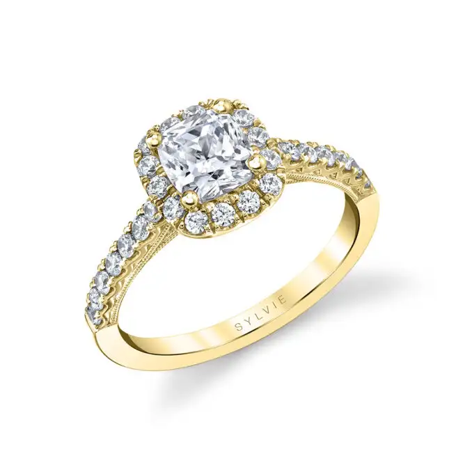 cushion cut engagement ring with halo in yellow gold