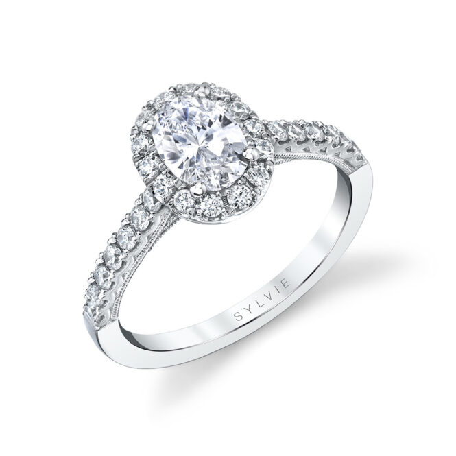oval halo engagement ring in white gold