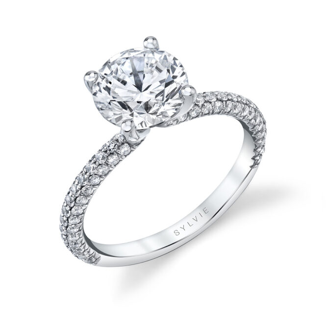 profile view of a classic pave engagement ring