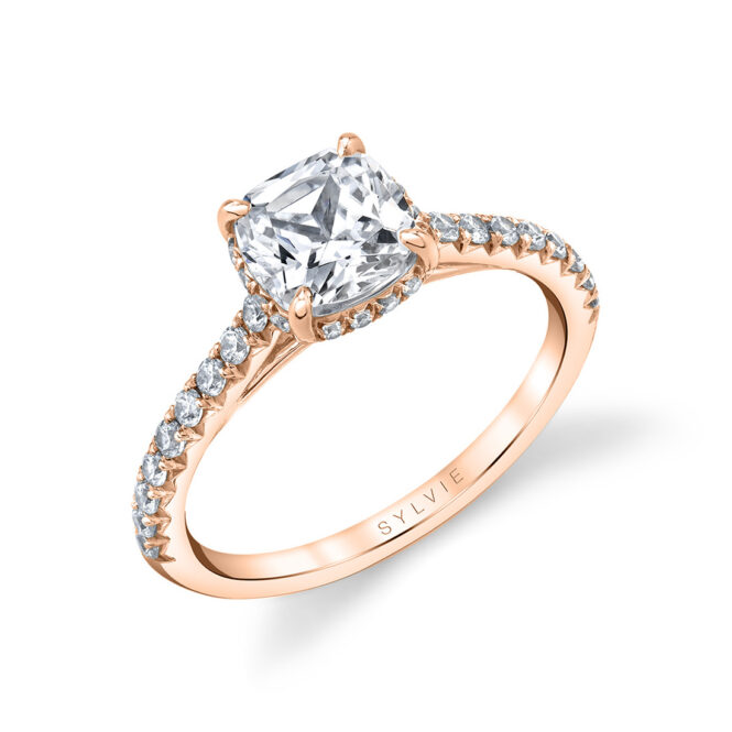cushion cut hidden halo engagement ring in rose gold