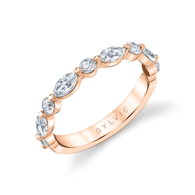marquise wedding band with shared prongs in rose gold