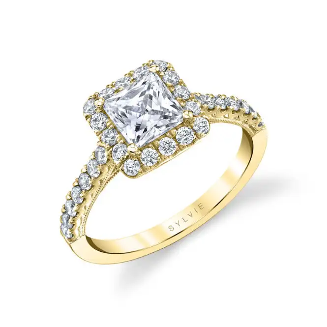 princess cut halo engagement ring in yellow gold