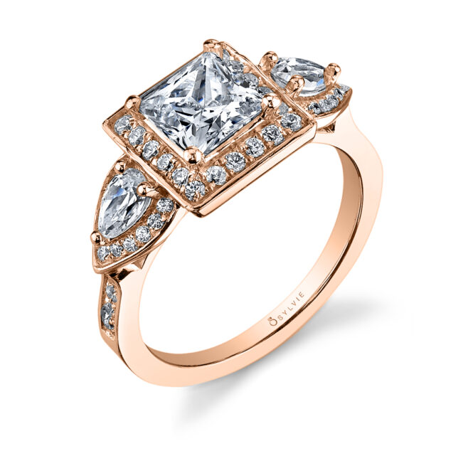 princess cut halo engagement ring with pear side stones in rose gold