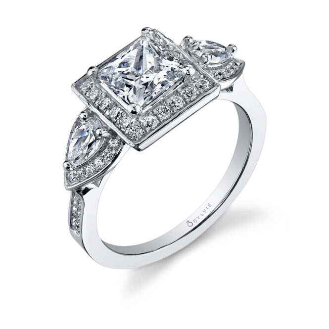 princess cut halo engagement ring with pear side stones