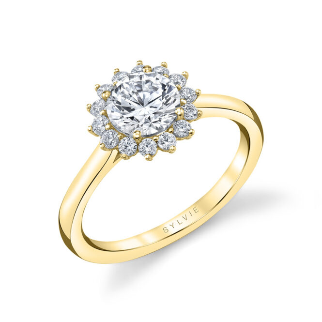 unique halo engagement ring in yellow gold