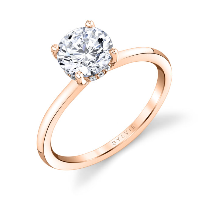 hidden halo engagement ring with plain band in rose gold