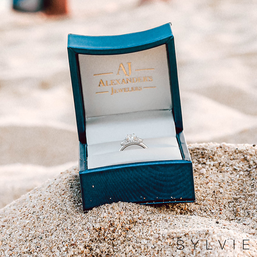sylvie bride isabelle ring in jewelers box on the beach