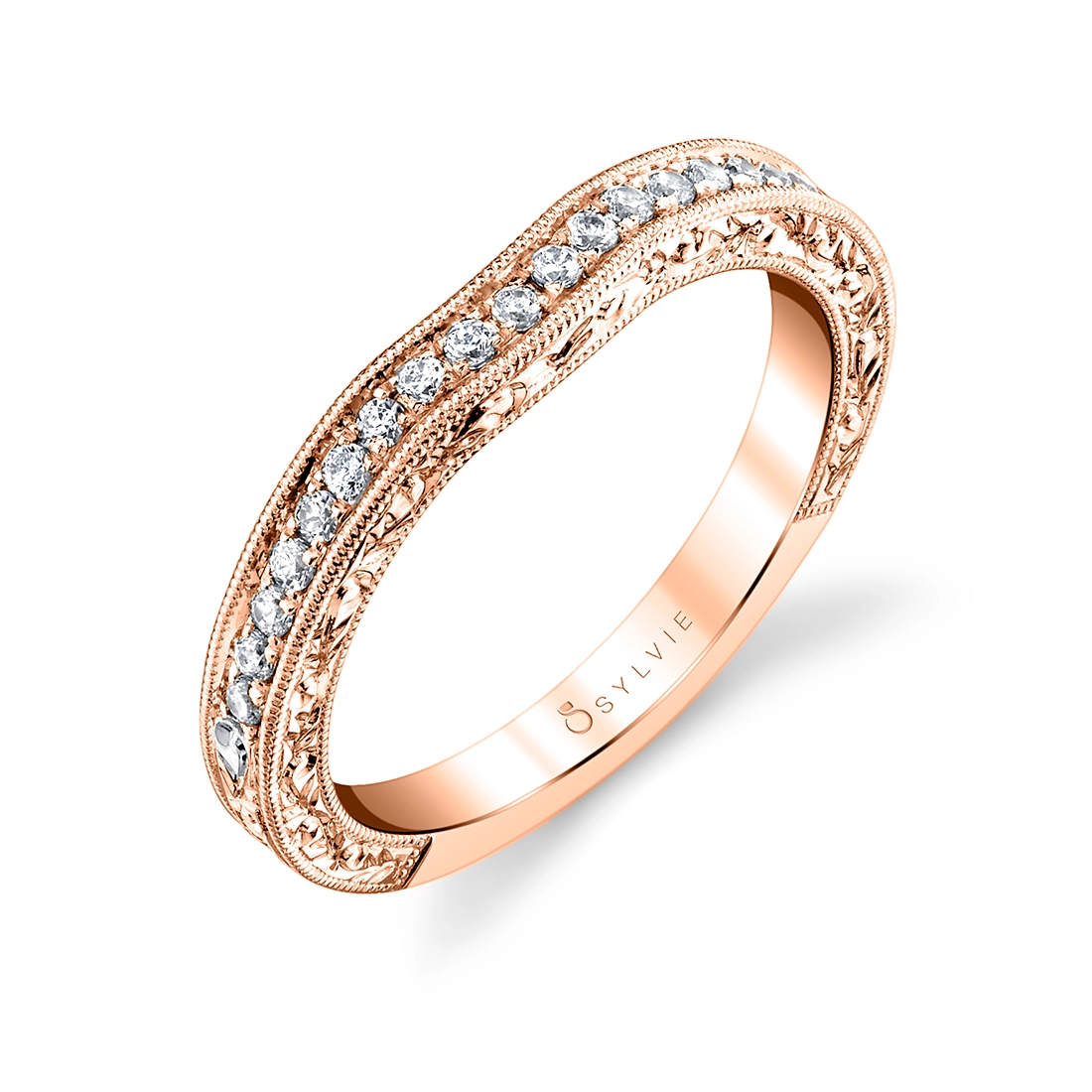 Curved Diamond Wedding Band with Milgrain Accents in Rose Gold