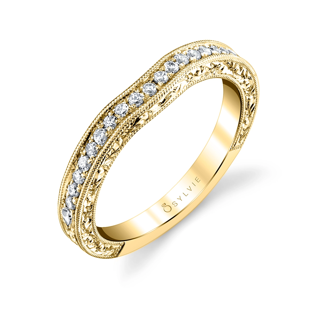 Curved Diamond Wedding Band with Milgrain Accents in Yellow Gold