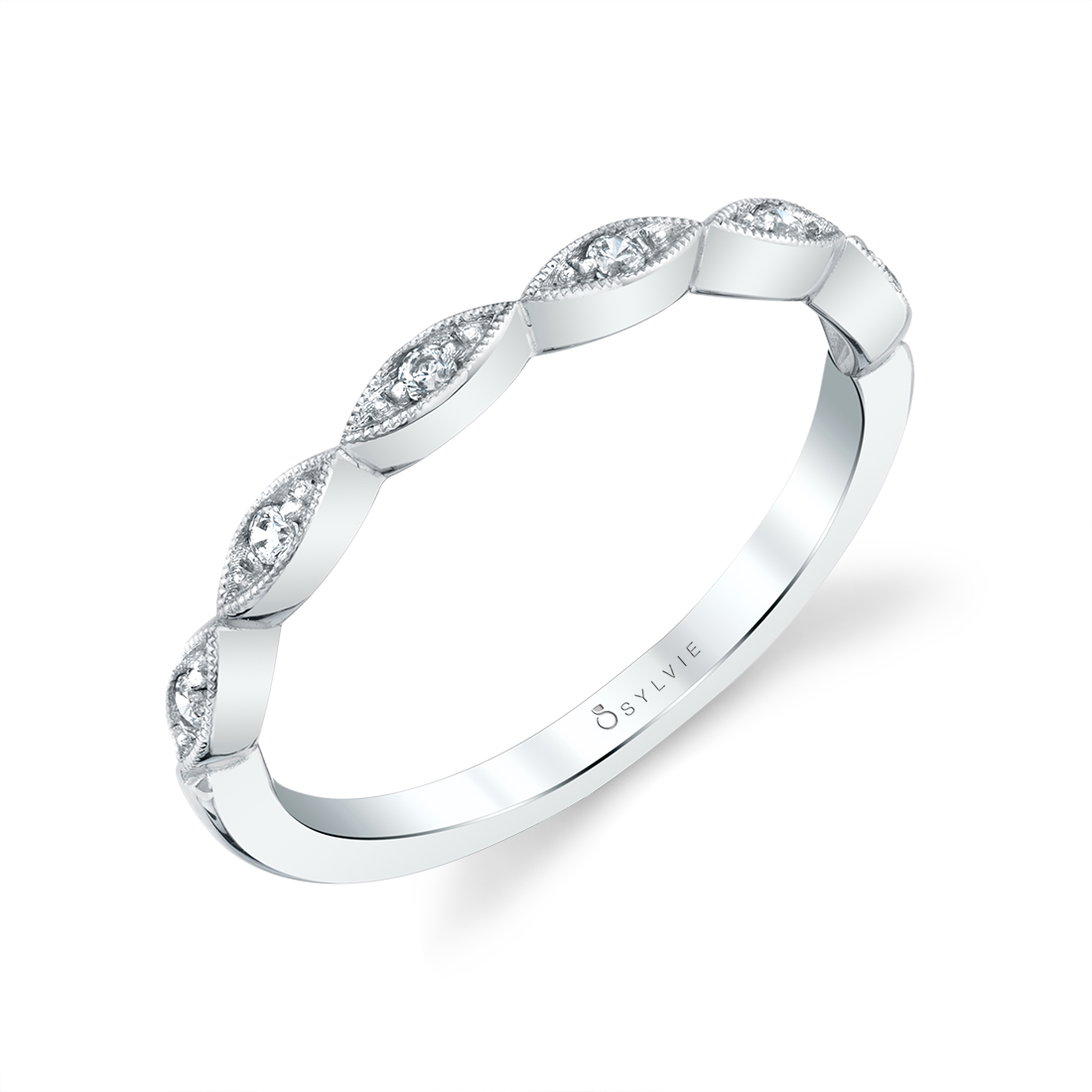 delicate stackable wedding band in white gold