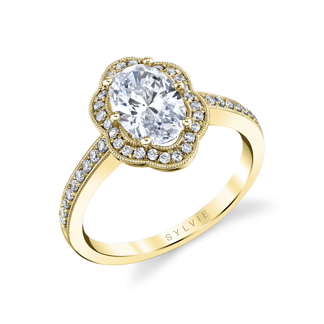 floral halo oval engagement ring in yellow gold