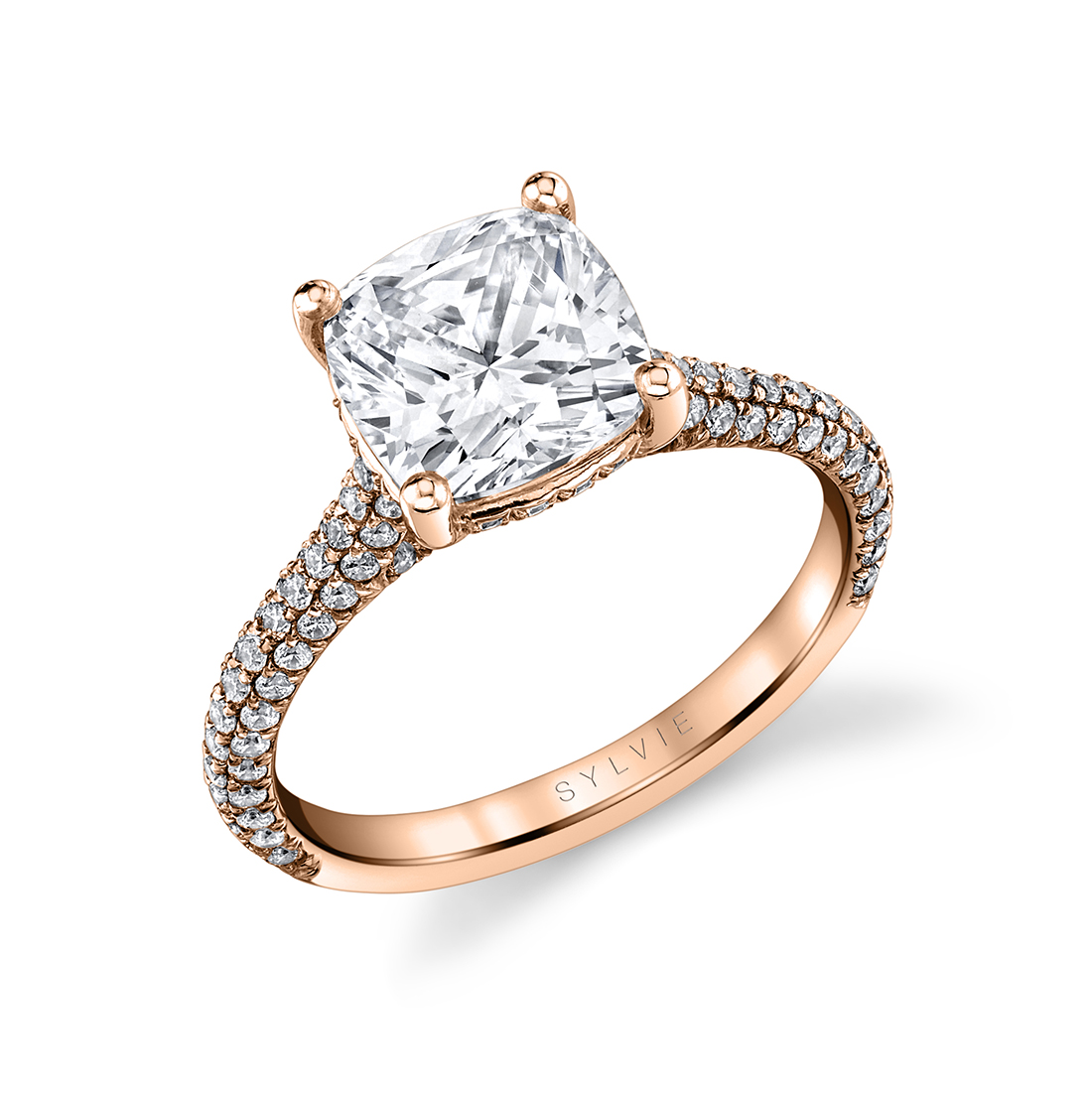 cushion cut pave engagement ring with hidden halo in rose gold