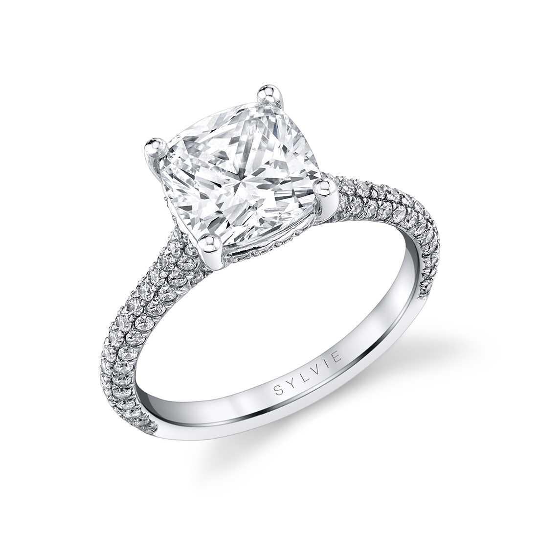 cushion cut pave engagement ring with hidden halo