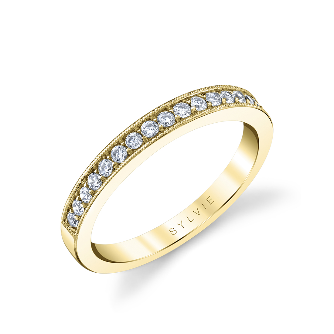 channel set wedding band in yellow gold