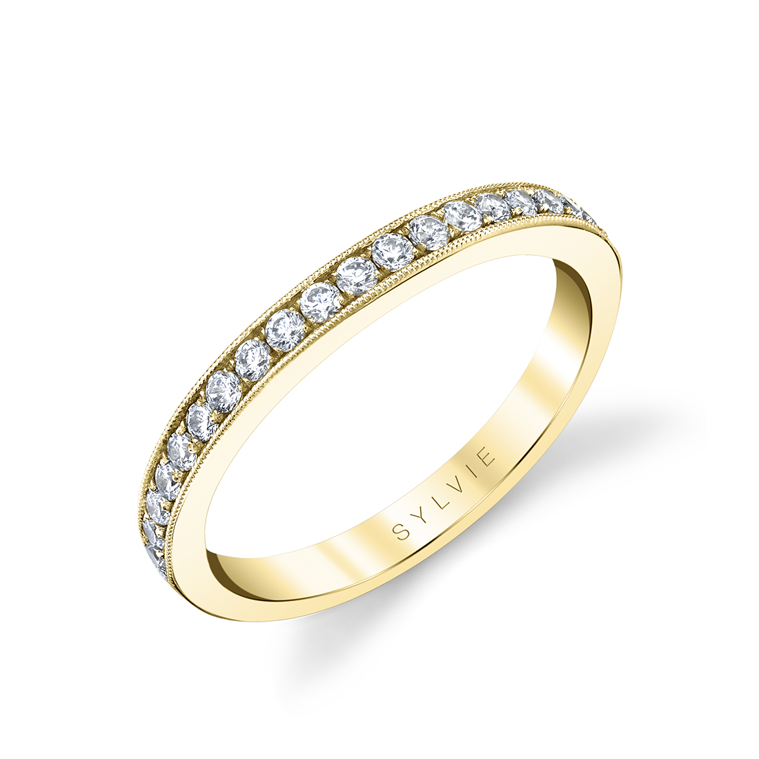 yellow gold channel set wedding band