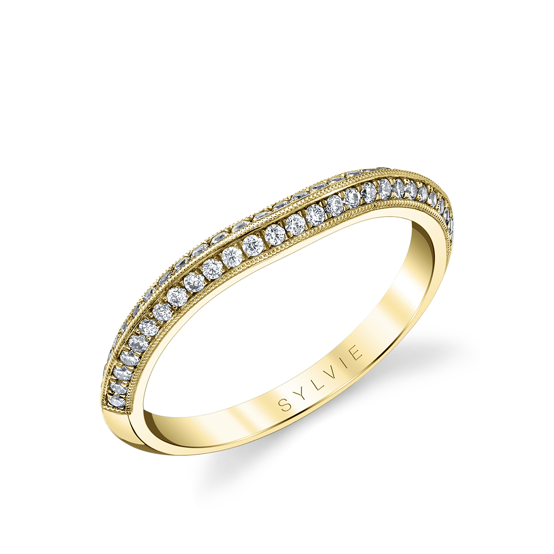 vintage inspired micro pave wedding band in yellow gold