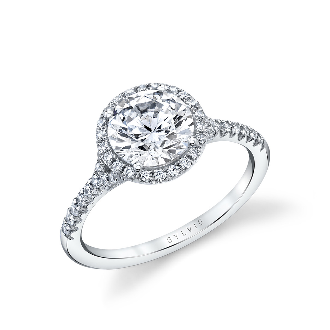 modern halo engagement ring with split shank