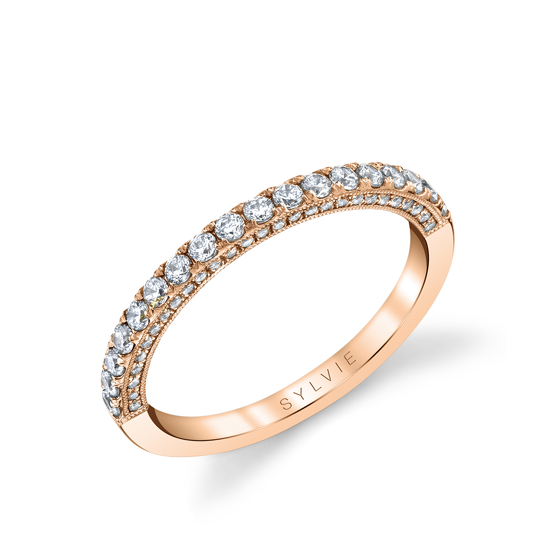 pave diamond wedding band in rose gold