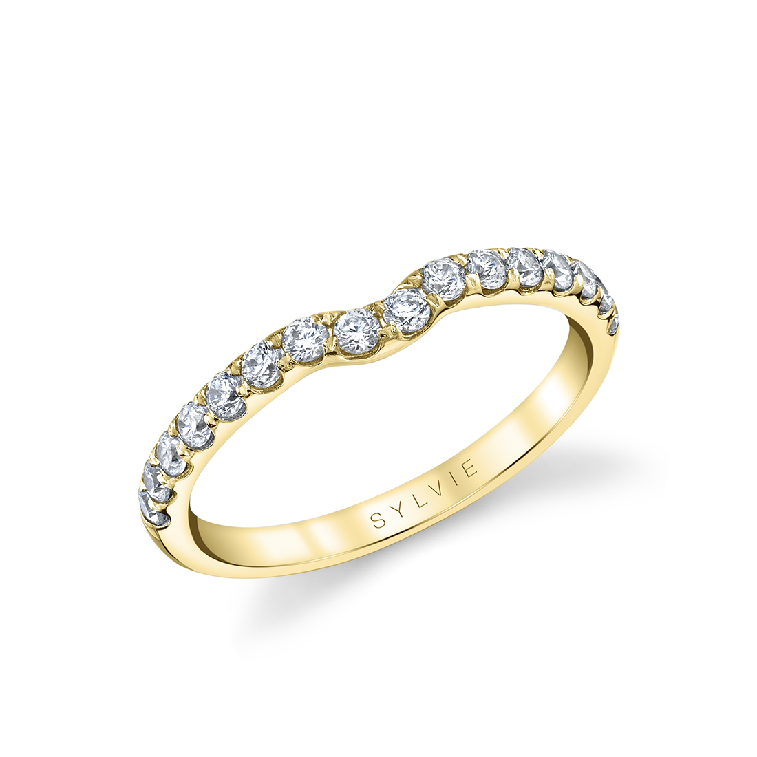 thick curved wedding band in yellow gold