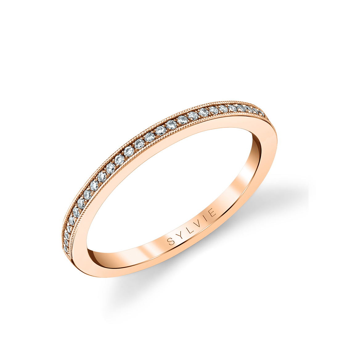 thin channel set wedding band in rose gold