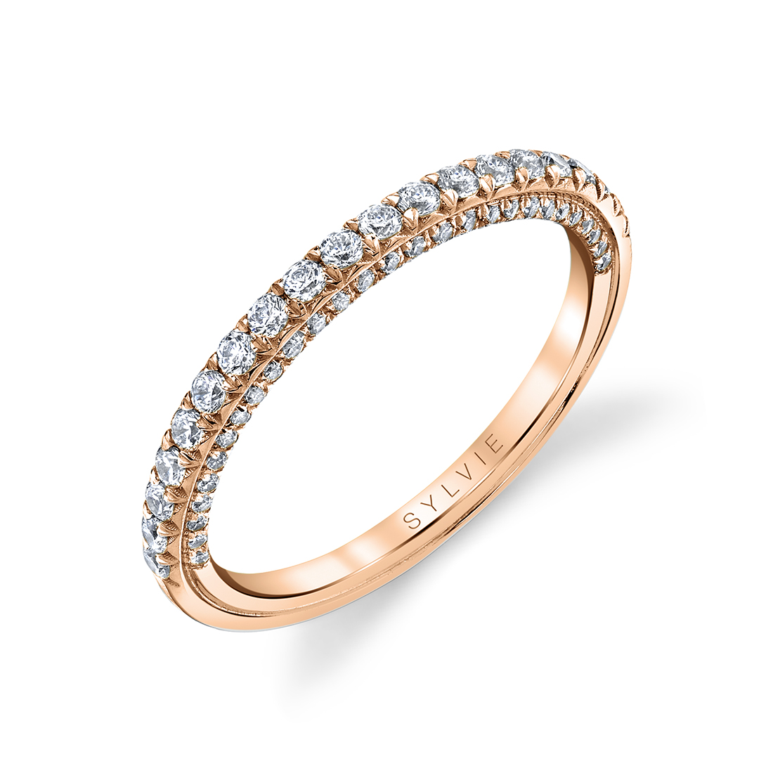 rose gold wedding band with diamonds on the side