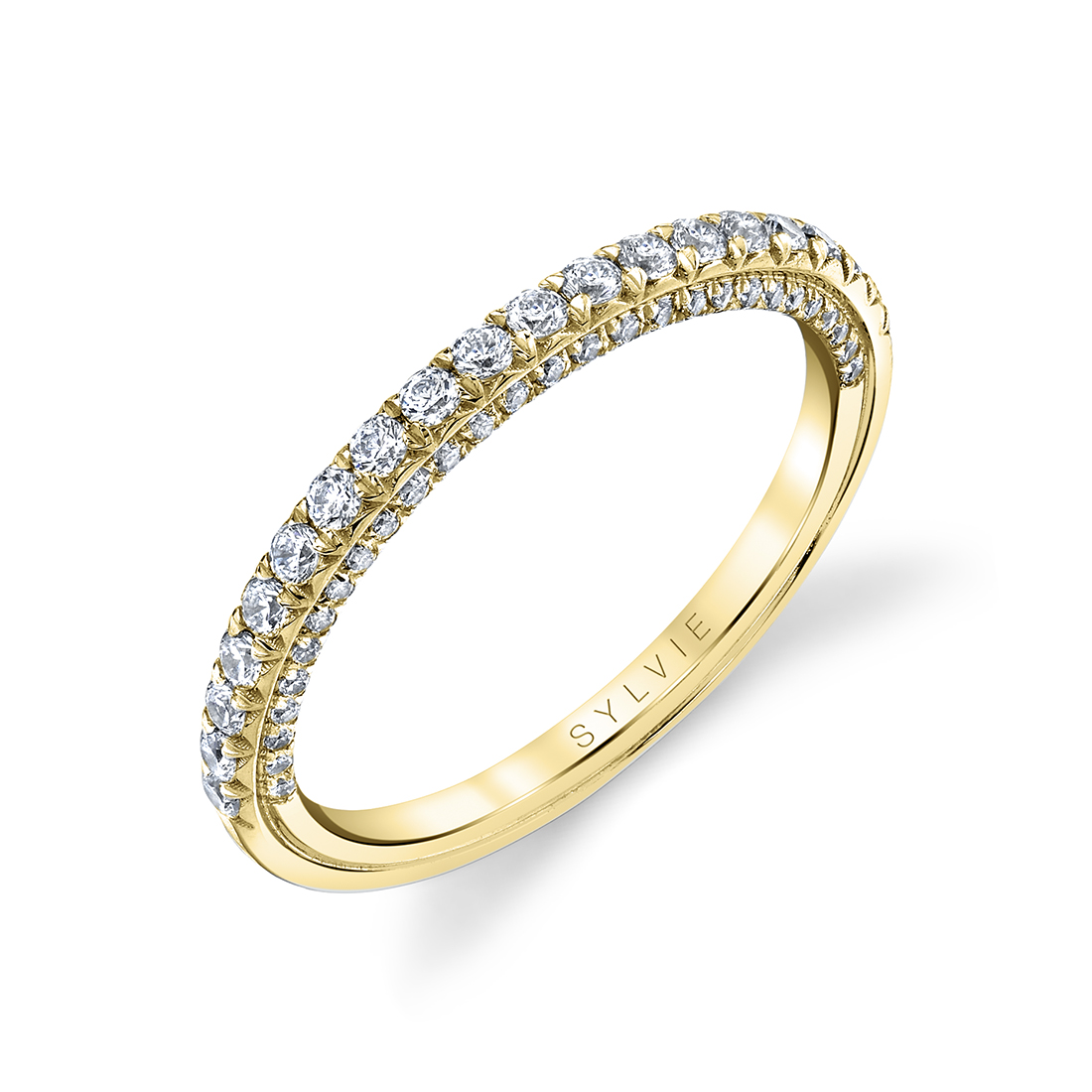 yellow gold wedding band with diamonds on the side