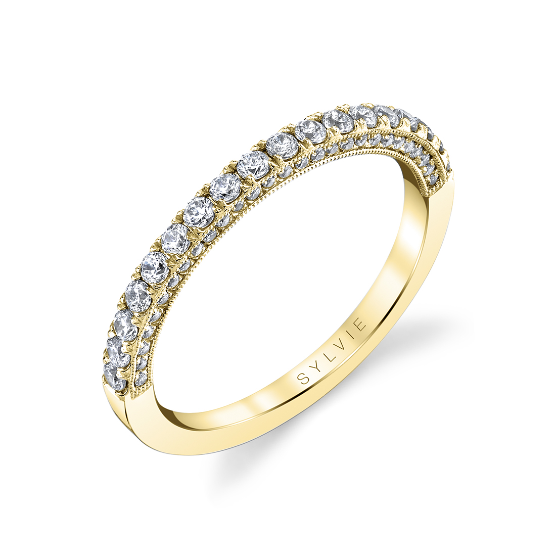 yellow gold wedding band with diamonds on the side