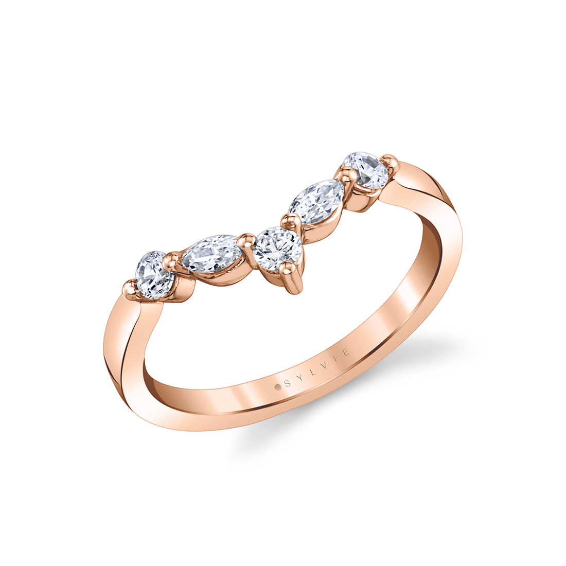round and marquise curved diamond wedding band in rose gold