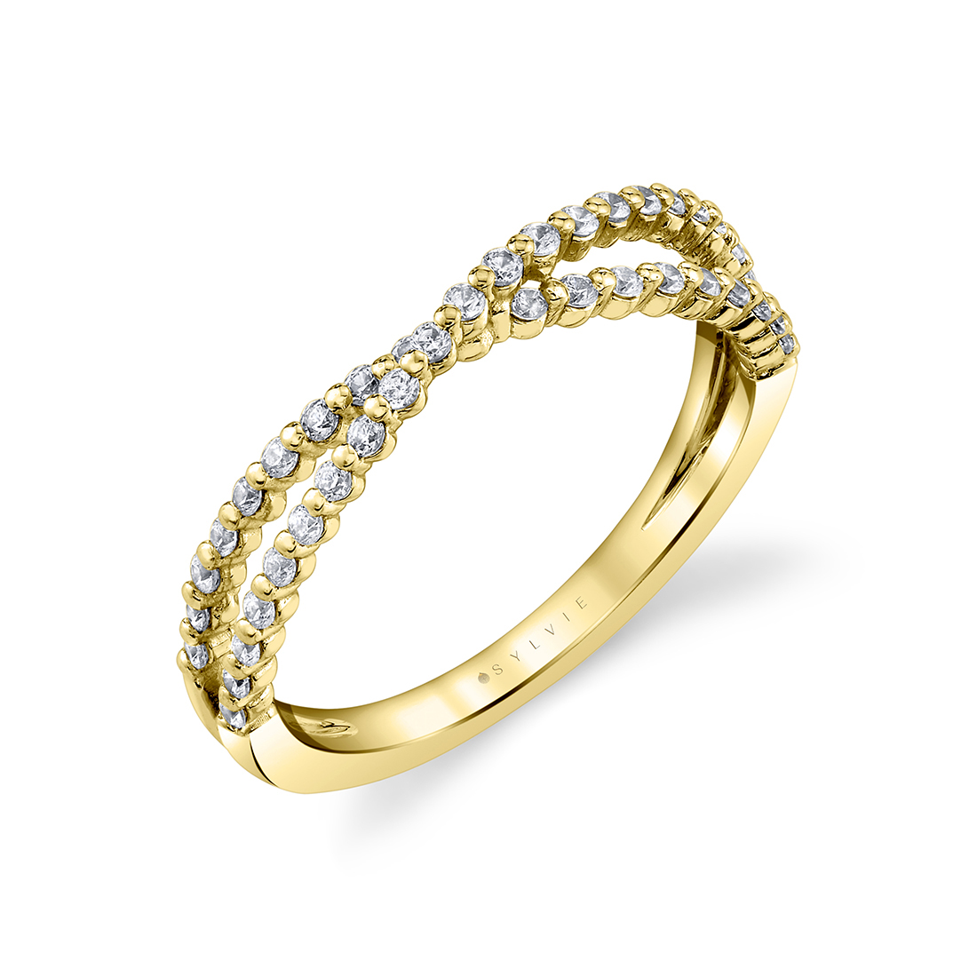 classic diamond crossover wedding band in yellow gold