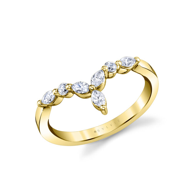 marquise and round curved wedding band in yellow gold