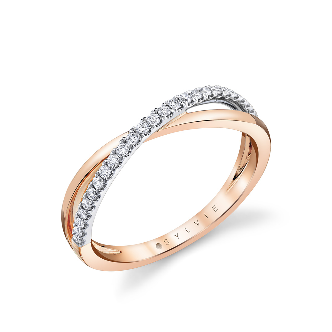 two tone modern crossover wedding band in rose gold