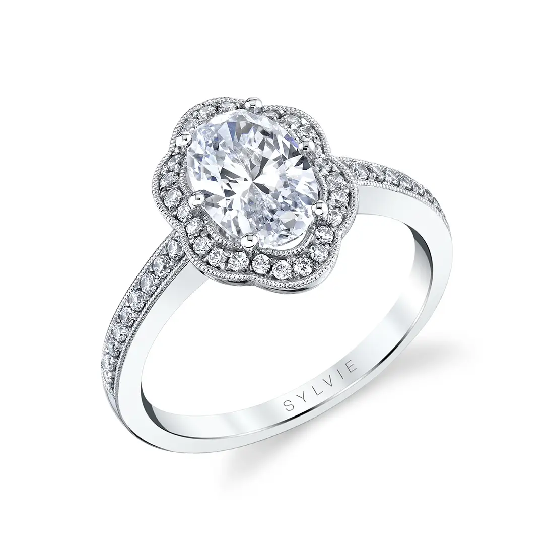 floral halo oval engagement ring